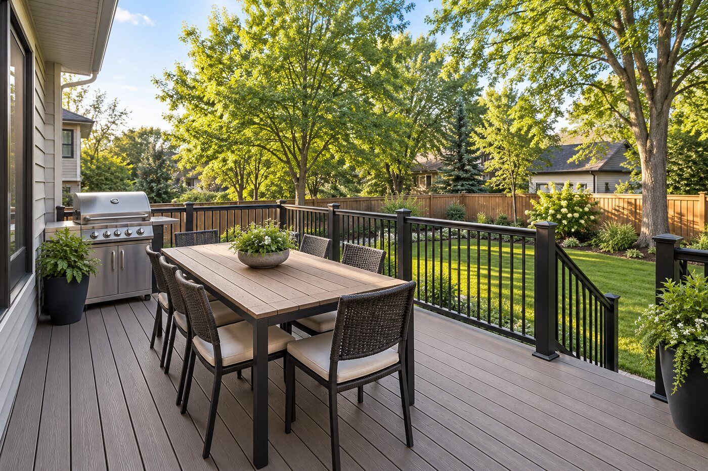 Backyard composite deck with dining set and barbecue grill