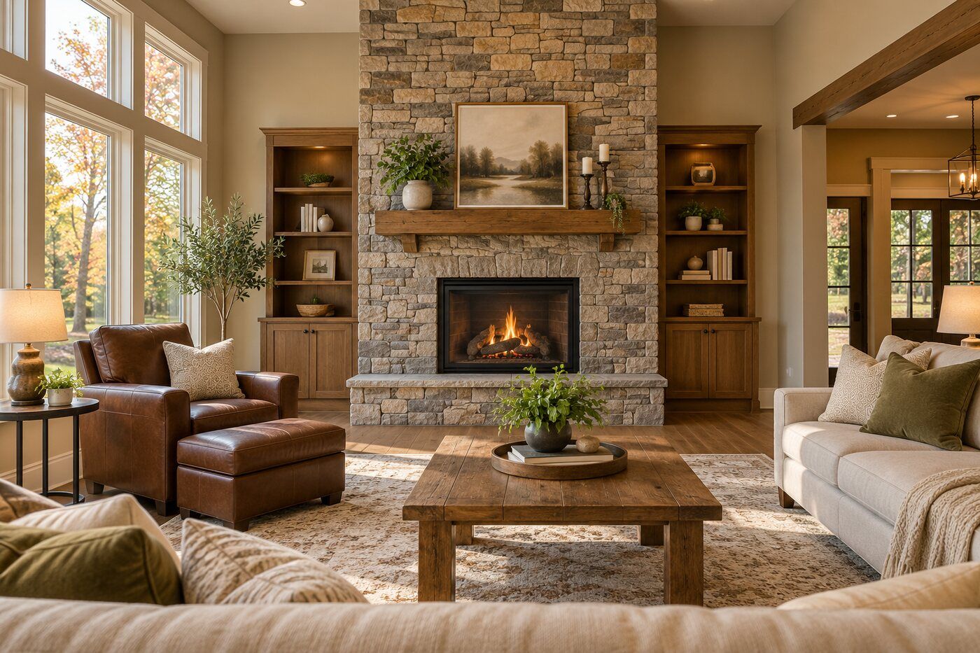 Family room with stone fireplace