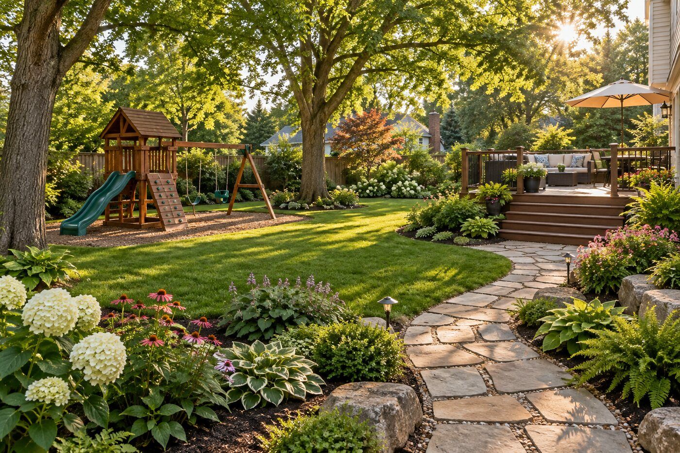 Landscaped backyard with swing set and deck