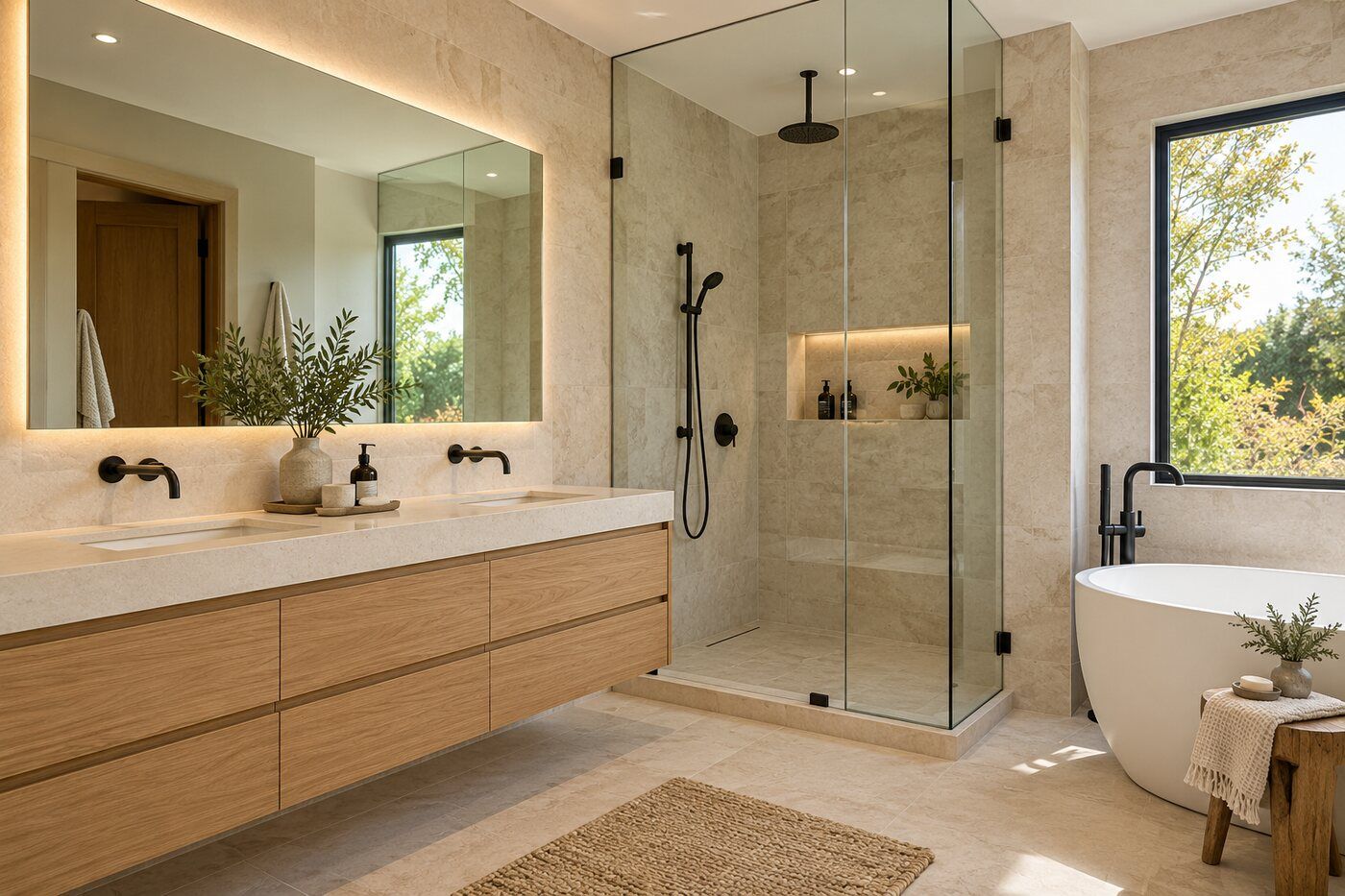 Bathroom with oak vanity and glass shower