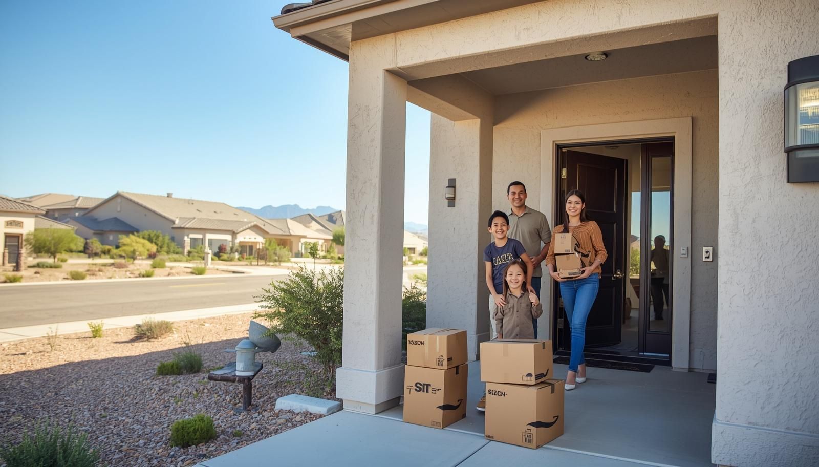 Military couple standing in front of modern El Paso home with desert mountains, VA home buyers near Fort Bliss Texas