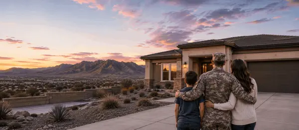     Active Duty military family standing together outside a contemporary home near Fort Bliss during a colorful desert sunset.