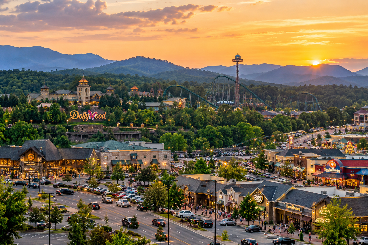 Pigeon Forge at sunset with the Great Smoky Mountains in the background