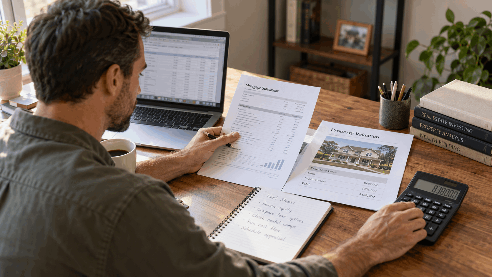 Short-term rental owner reviewing property value, mortgage balance and cash flow