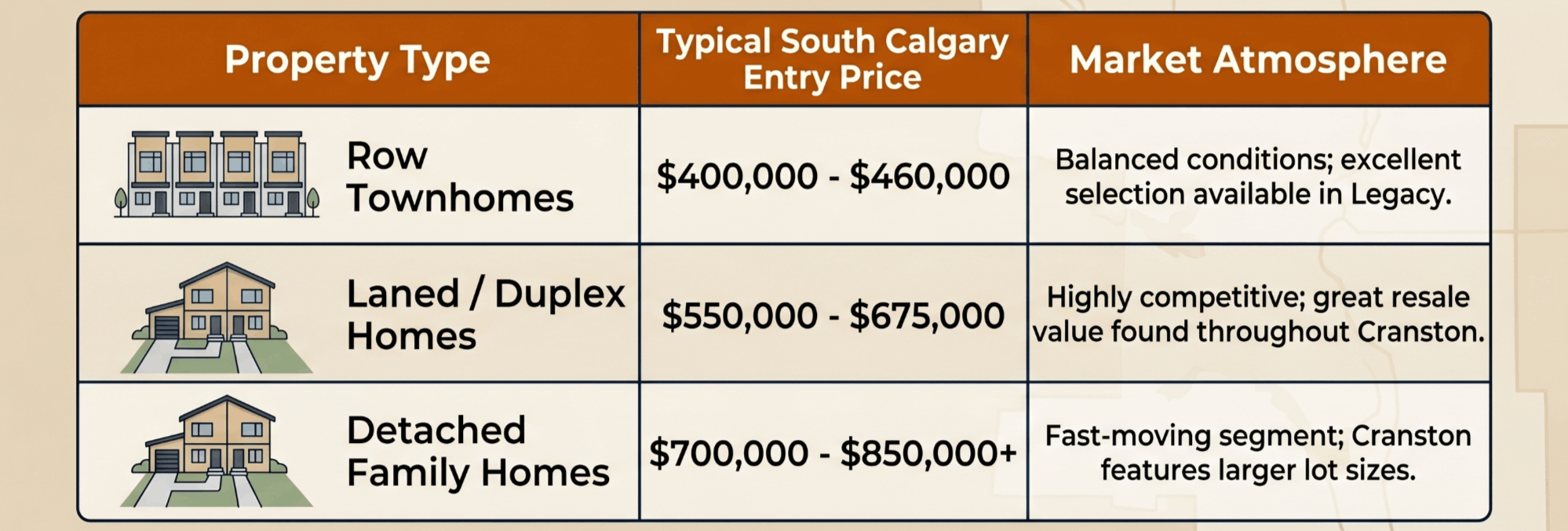 table showing the price comparisons of different property sub types