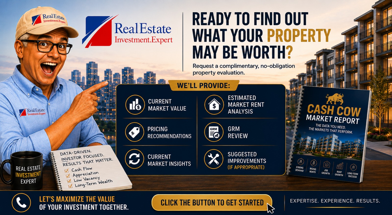 Promotional real estate marketing scene in a wide 16:9 composition showing an enthusiastic man on the left, a modern brand logo near the top center-left, a large headline on the upper right, a dark information panel in the middle, a notebook and coffee mug at the lower left, and a report booklet on the right with a city skyline and apartment buildings in the background.