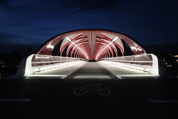 Peace Bridge over the Bow River at night, Inner-City Calgary