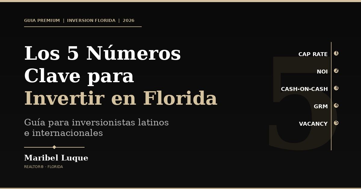 Invertir en Florida no se trata de comprar una propiedad "bonita"  o en una "buena zona". Se trata de entender los números que  determinan si tu inversión generará flujo real.  El 90% de los inversionistas latinos cometen los mismos errores:  se enamoran de la propiedad antes de analizar los indicadores  financieros clave.  En esta guía gratuita te explico los 5 números que todo  inversionista sofisticado debe dominar antes de hacer una oferta  en Florida:  · Cap Rate (Tasa de Capitalización) · NOI (Net Operating Income) · Cash-on-Cash Return · GRM (Gross Rent Multiplier) · Vacancy Rate (Tasa de Vacancia)  Cada indicador viene con su fórmula, rangos sanos para el mercado  de Orlando 2026, y checklist de análisis listo para usar.  Descarga la guía completa aquí abajo 👇