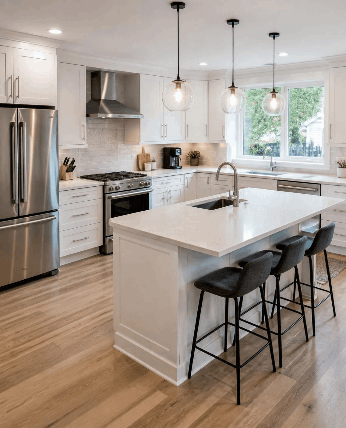 Newly renovated kitchen with modern cabinets, countertops and light fixtures in a Calgary home.