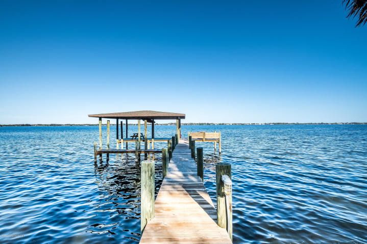 Boat dock on the Indian River Lagoon in Rockledge, Florida on a sunny day