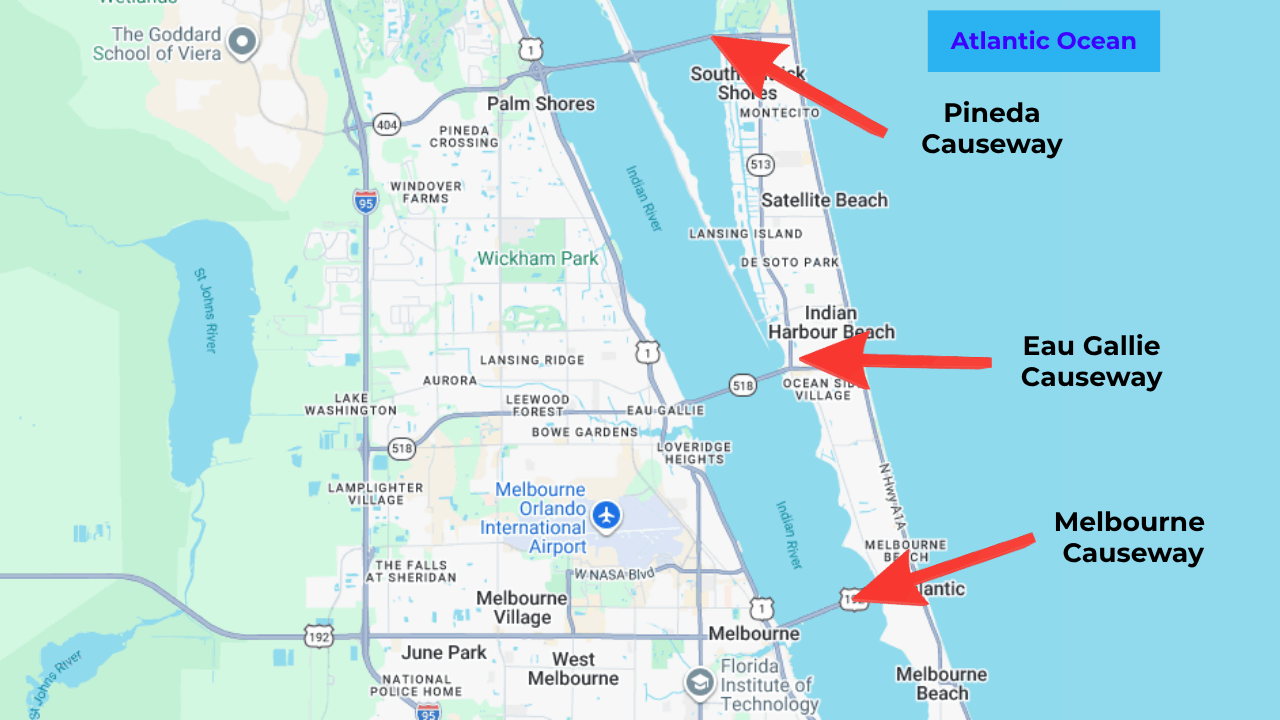 Map of the three major causeways in Brevard County