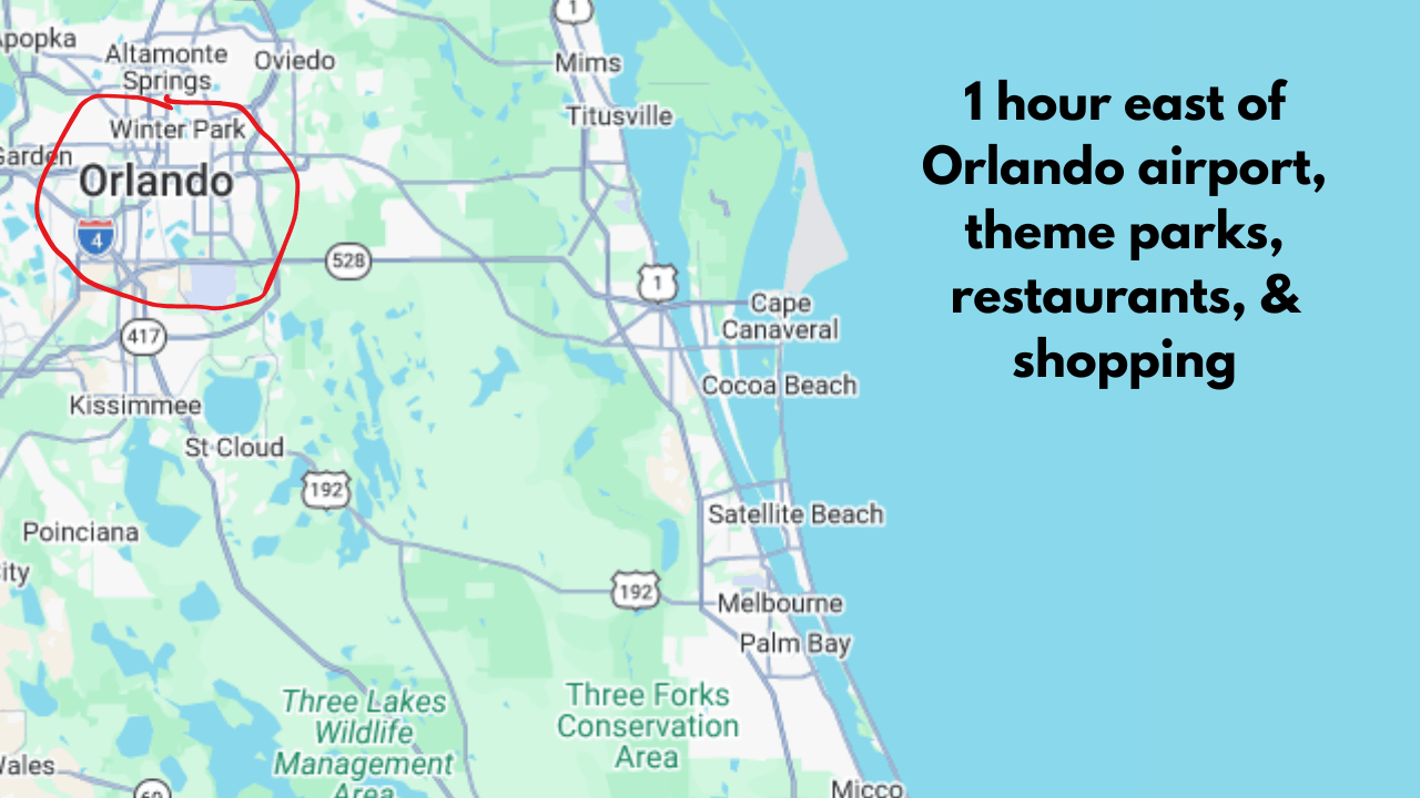 Map of Brevard County, Florida showing Orlando is only one hour away