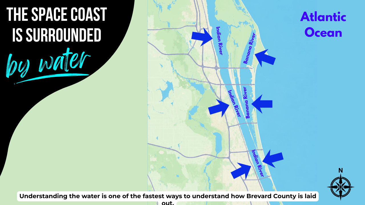 Map of the Space Coast of Florida showing all the rivers and ocean.