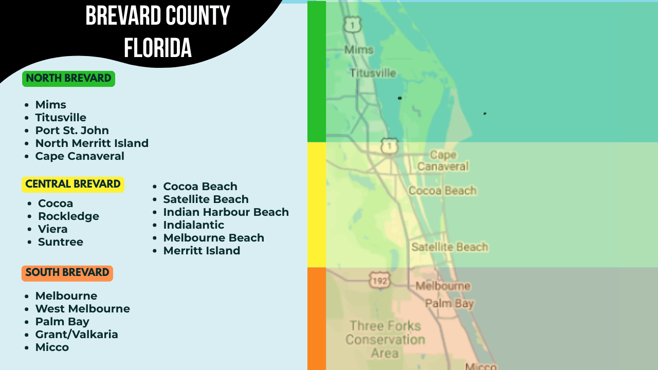 Map highlighting north, central, and south areas of Brevard County, Florida