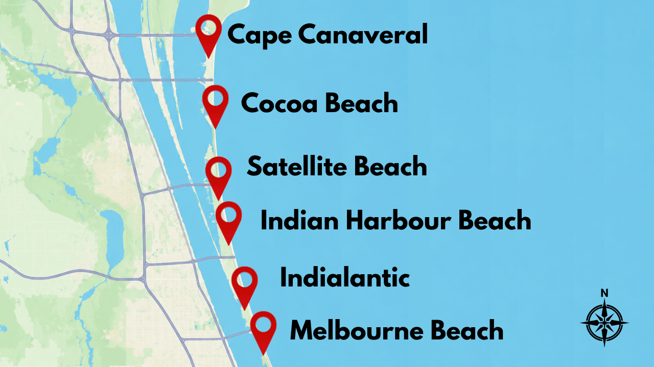 Map of beachside communities on Florida's Space Coast including Cape Canaveral, Cocoa Beach, Satellite Beach, Indian Harbour Beach, Indialantic, and Melbourne Beach.  Caption: