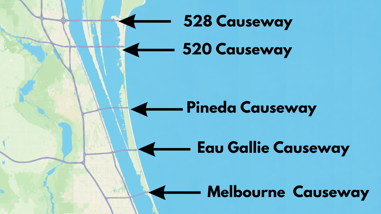 Map of major Brevard County causeways connecting mainland communities to the barrier island and beachside Florida Space Coast.