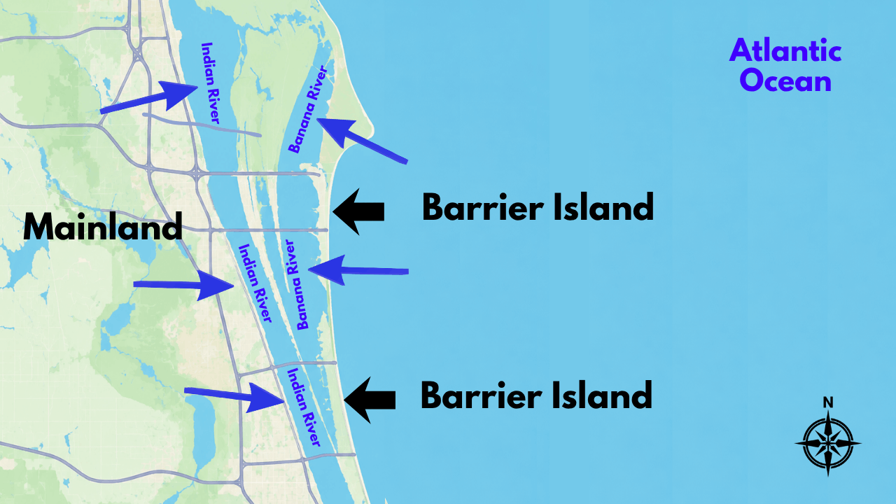 Map of Brevard County showing the Atlantic Ocean, barrier island beachside communities, Indian River Lagoon, Banana River, and mainland Florida Space Coast.