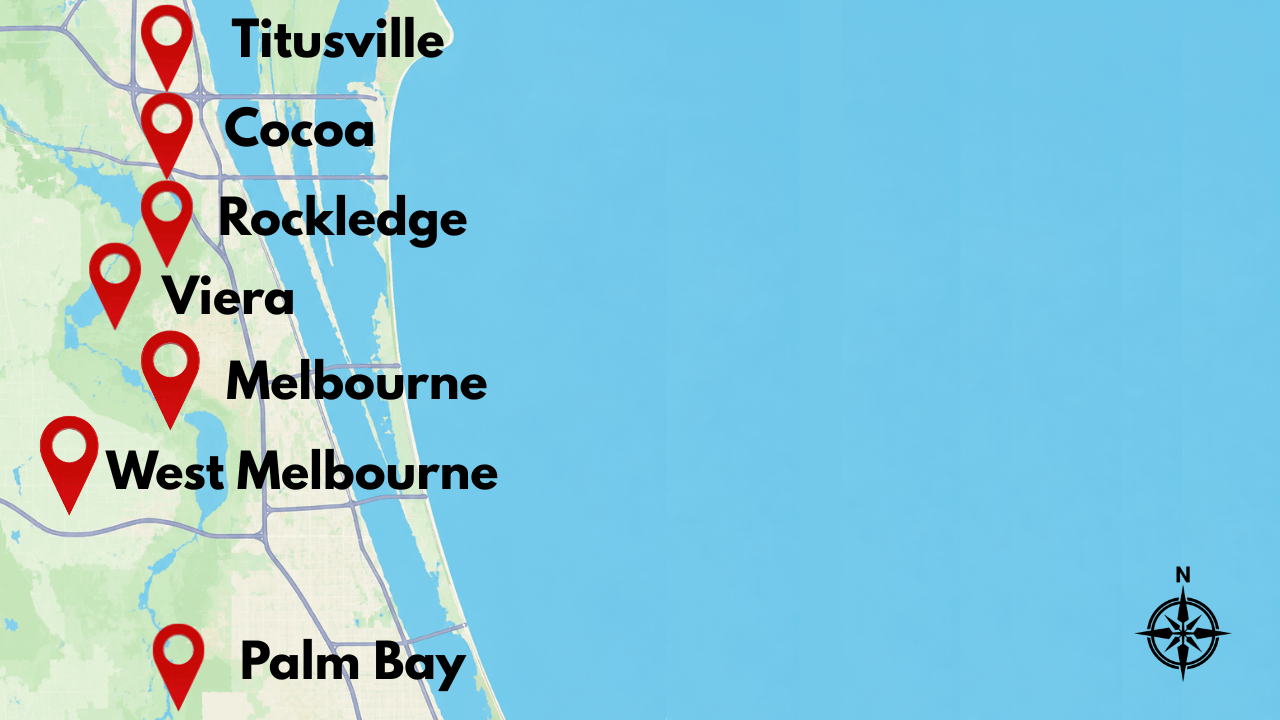 Map of mainland Brevard County communities including Titusville, Cocoa, Rockledge, Viera, Melbourne, West Melbourne, and Palm Bay.
