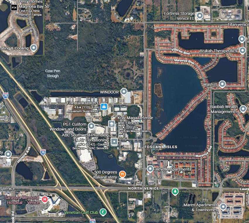 Map of Toscana Isles in Nokomis/North Venice FL showing nearby amenities, Sarasota Memorial Hospital, I-75, and surrounding lakes