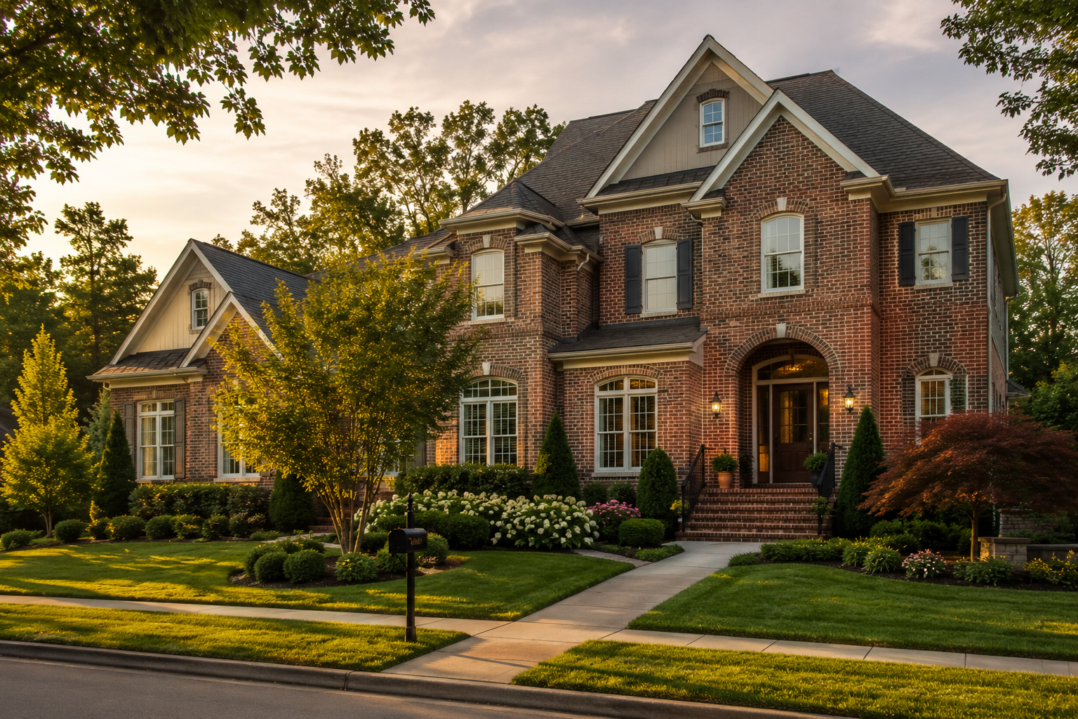 Traditional brick home on a tree lined street
