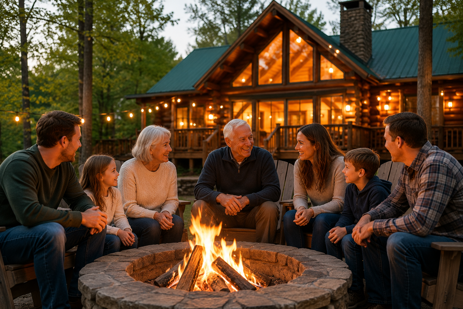 Family gathered around a firepit in front of log cabin