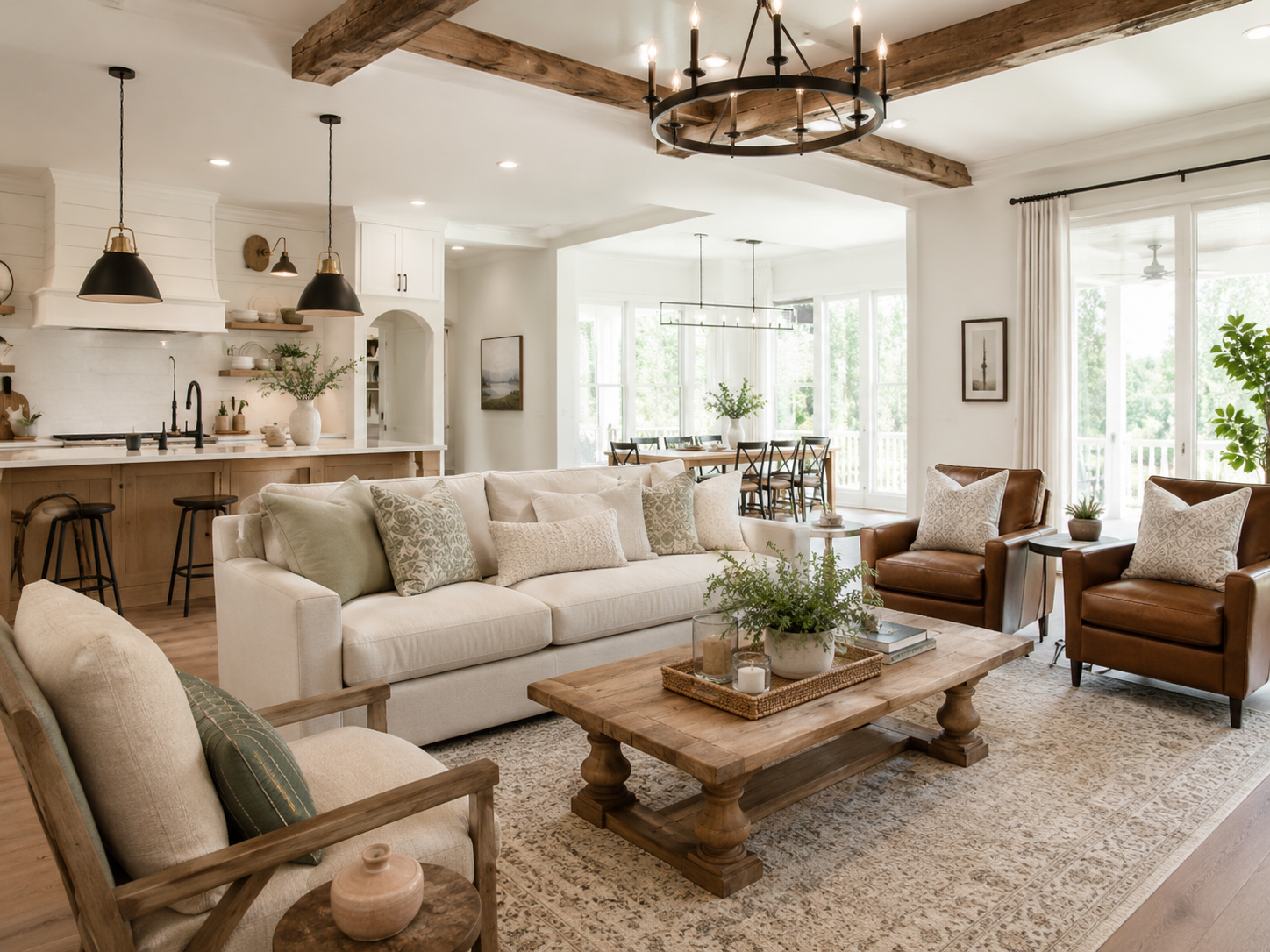 modern farmhouse style living room and kitchen open concept