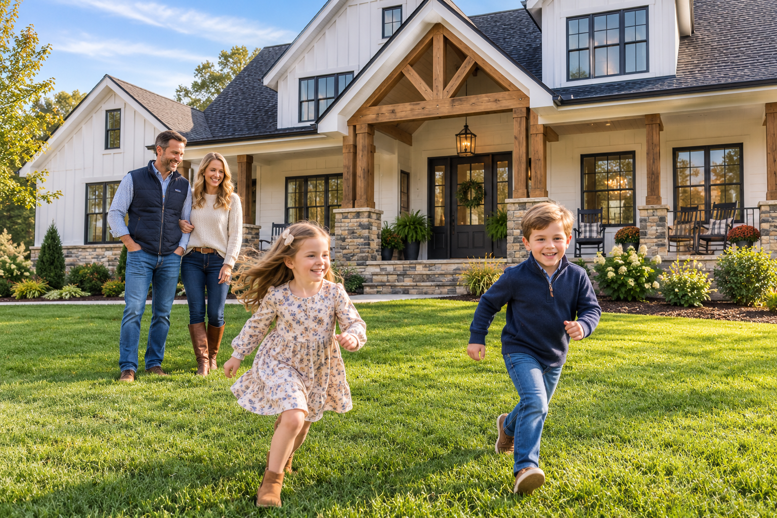 family playing in front of East Tennessee Farmhouse