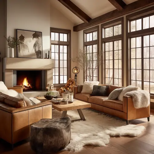 Living room with fireplace and picture windows