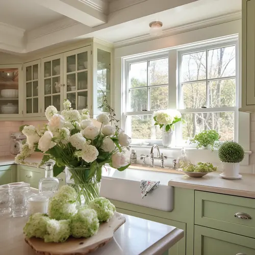 traditional kitchen with green cabinets