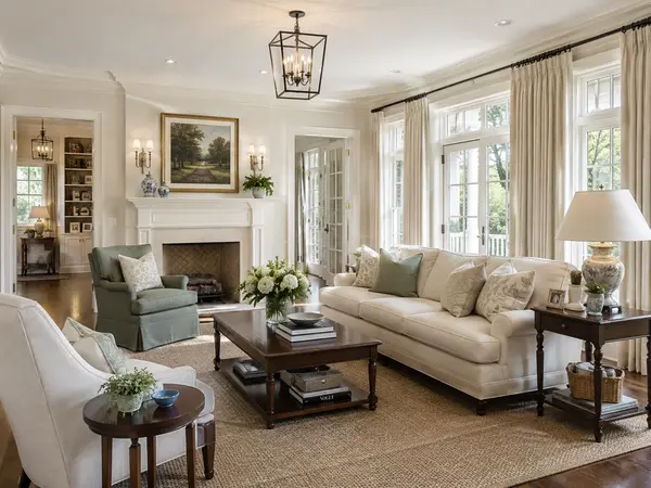 transitional living room in a traditional home