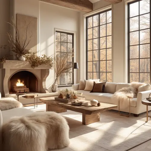 Living room with fireplace and large picture windows
