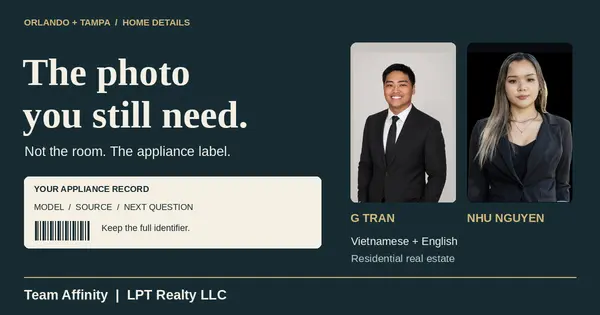 G Tran and Nhu Nguyen with an appliance-label checklist. Team Affinity | LPT Realty LLC.