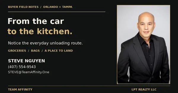 Steve Nguyen: From the car to the kitchen. Everyday unloading route prompts. Team Affinity, LPT Realty LLC.