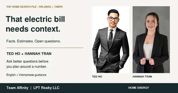 Ted Ho and Hannah Tran with home-energy questions for Orlando and Tampa. Team Affinity | LPT Realty LLC.