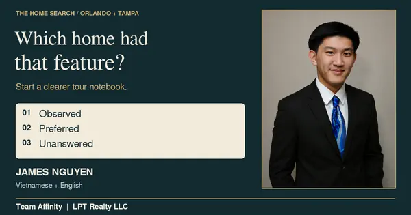 James Nguyen beside a home-tour notebook guide: observed, preferred, unanswered. Team Affinity, LPT Realty LLC.
