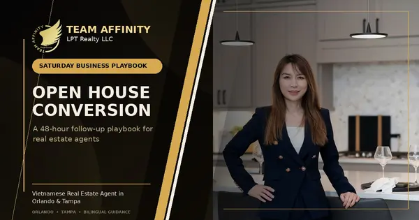 Julie Phan featured in a Team Affinity gold and black graphic for a 48-hour open house follow-up playbook for real estate agents