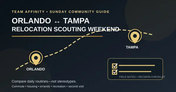 Illustrated Orlando to Tampa relocation scouting route with a weekend comparison checklist
