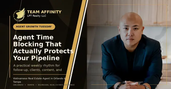 Gold and black Team Affinity graphic about time blocking for real estate agents in Orlando and Tampa