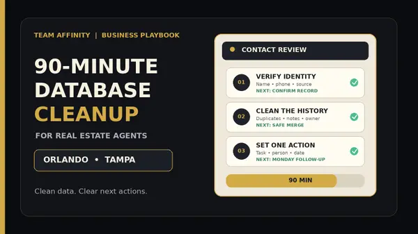 Team Affinity 90-minute real estate database cleanup sprint with CRM contact cards and checklist