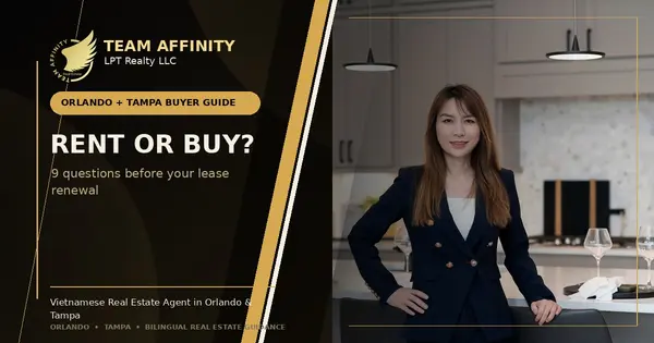 Team Affinity gold and black rent or buy guide featuring Julie Phan for renters considering a home in Orlando or Tampa