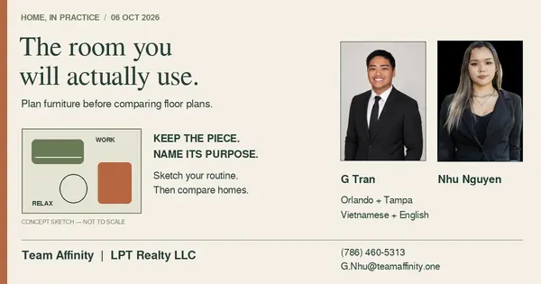 G Tran and Nhu Nguyen with a furniture-first room sketch. Team Affinity | LPT Realty LLC.