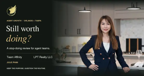 Julie Phan beside Still worth doing?, a Team Affinity and LPT Realty LLC guide to reviewing optional team routines.