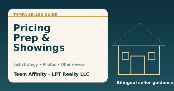 Team Affinity Tampa seller guide graphic about pricing prep showings and bilingual real estate guidance