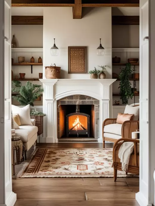 San Antonio Home Valuation interior photo of a warm modern living room with a fireplace and neutral decor