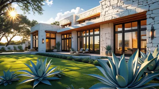 San Antonio Home Valuation exterior photo of a modern home with stone details, large windows, and landscaping