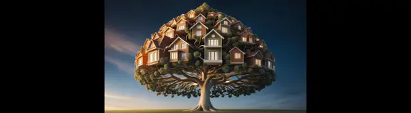  A conceptual image of houses on a tree, and a woman pointing to a map of San Antonio to represent homeownership and down payment assistance.