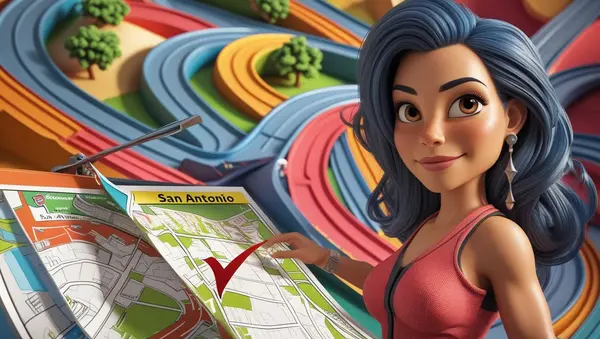  A conceptual image of houses on a tree, and a woman pointing to a map of San Antonio to represent homeownership and down payment assistance.