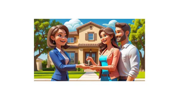 San Antonio down payment assistance: A realtor gives keys to a delighted couple in front of their new house in a sunny neighborhood.