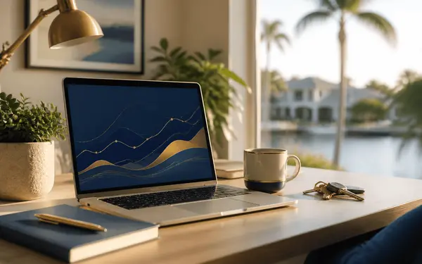 Home office desk with a laptop showing abstract market graphs, notebook, coffee and house keys