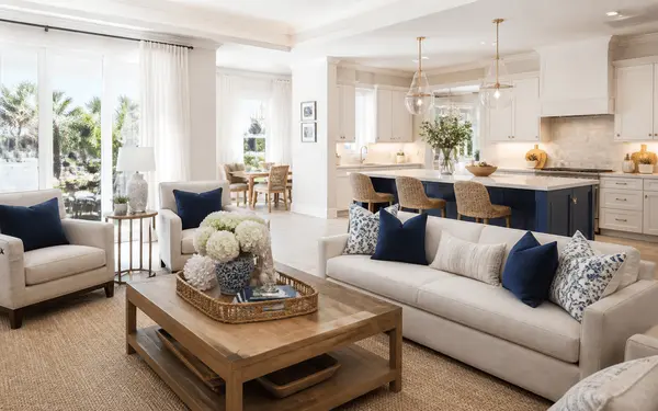 Bright staged open-plan living room and kitchen of a Central Florida home prepared for sale